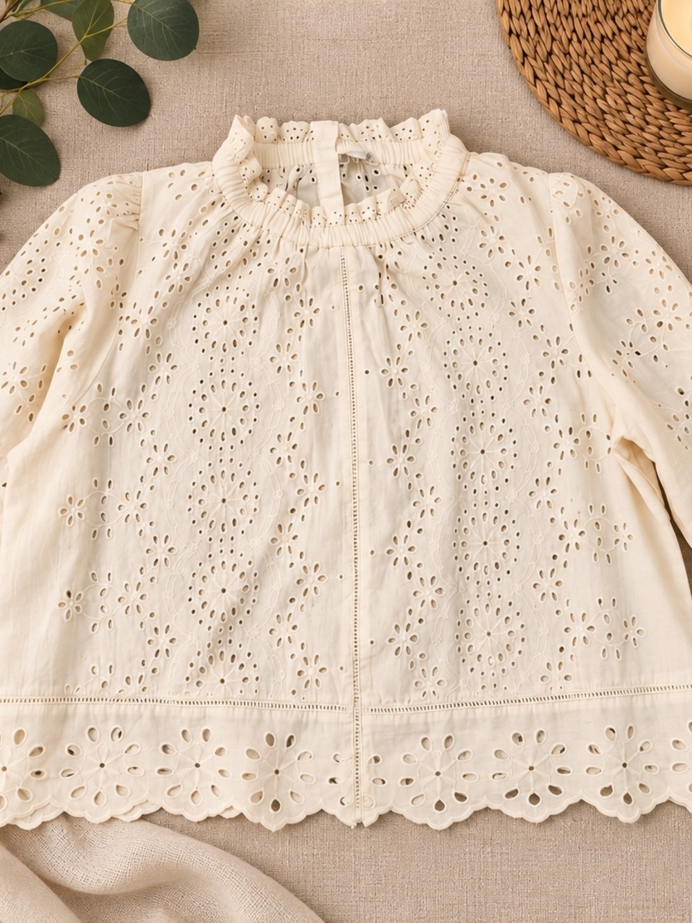 Cream Eyelet Embroidered Ruffle Blouse – Like New XL